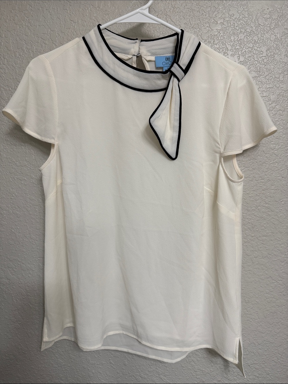 CeCe Cream Tie-Neck Blouse with Black Trim